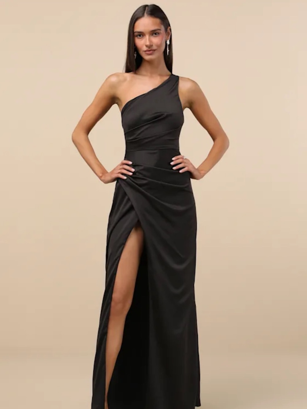 Lulu Dreaming of Elegance Black Satin One-Shoulder Maxi Dress Size Large